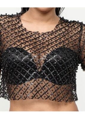 Sheer Beaded Black Crop Top